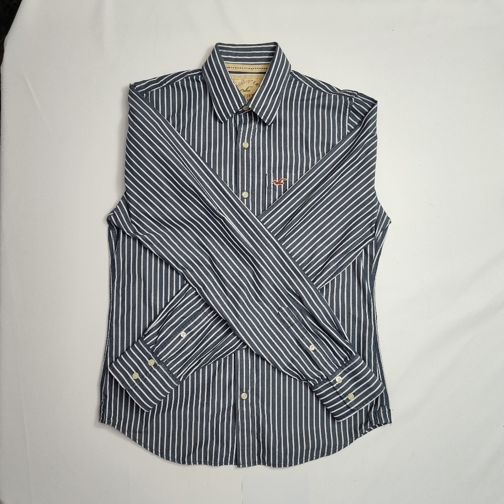 Hollister Dark Gray White Stripe, Long Sleeve Men's Button-Down Shirt,Size Large